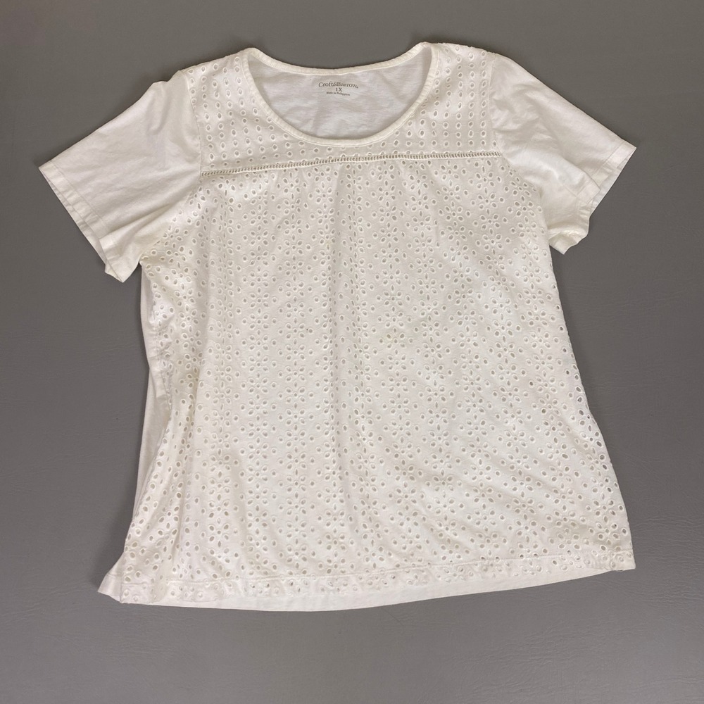 Croft & Barrow Top Blouse Women's Plus 1X‎ White Eyelet Embroidered Short Sleeve